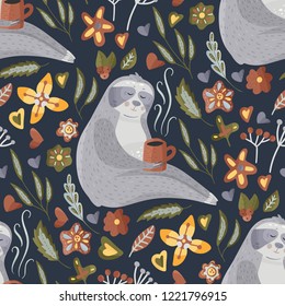 Seamless vector pattern with cute cartoon sloth drinking coffee among flowers. Vector animal illustrations in a flat style with floral elements on a dark background.