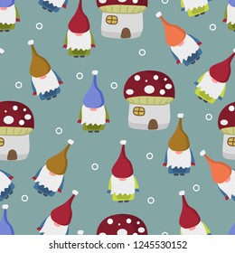 Seamless vector pattern with cute cartoon gnomes.