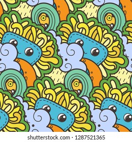 Seamless vector pattern with cute cartoon monsters and beasts. Nice for packaging, wrapping paper, coloring pages, wallpaper, fabric, fashion, home decor, prints etc. Vector illustration