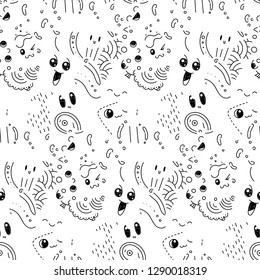 Seamless vector pattern with cute cartoon monsters and beasts. Nice for packaging, wrapping paper, coloring pages, wallpaper, fabric, fashion, home decor, prints etc. Vector illustration
