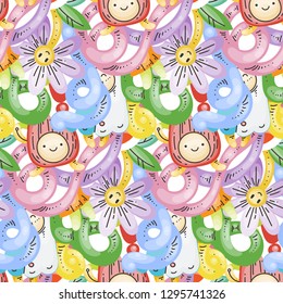 Seamless vector pattern with cute cartoon monsters and beasts. Nice for packaging, wrapping paper, coloring pages, wallpaper, fabric, fashion, home decor, prints etc. Vector illustration