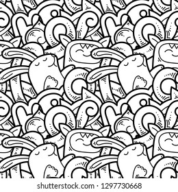 Seamless vector pattern with cute cartoon monsters and beasts. Nice for packaging, wrapping paper, coloring pages, wallpaper, fabric, fashion, home decor, prints etc. Vector illustration