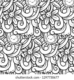 Seamless vector pattern with cute cartoon monsters and beasts. Nice for packaging, wrapping paper, coloring pages, wallpaper, fabric, fashion, home decor, prints etc. Vector illustration