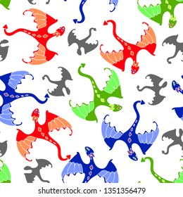 Seamless vector pattern of cute cartoon dragons on white background. Colourful fantasy wallpaper design for children. Flying animal fashion textile.