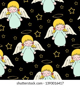 Seamless vector pattern with cute cartoon angels and stars on black background. Baby girl wallpaper design. Praying heaven.