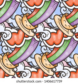 Seamless vector pattern with cute cartoon monsters and beasts. Nice for packaging, wrapping paper, coloring pages, wallpaper, fabric, fashion, home decor, prints etc. Vector illustration