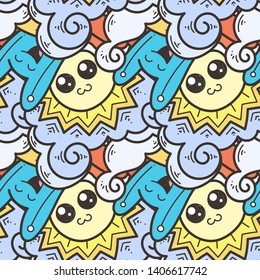 Seamless vector pattern with cute cartoon monsters and beasts. Nice for packaging, wrapping paper, coloring pages, wallpaper, fabric, fashion, home decor, prints etc. Vector illustration