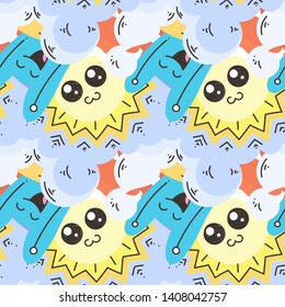 Seamless vector pattern with cute cartoon monsters and beasts. Nice for packaging, wrapping paper, coloring pages, wallpaper, fabric, fashion, home decor, prints etc. Vector illustration