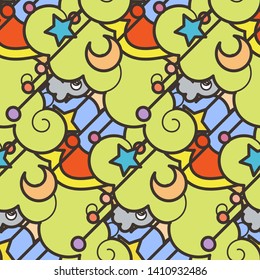 Seamless vector pattern with cute cartoon monsters and beasts. Nice for packaging, wrapping paper, coloring pages, wallpaper, fabric, fashion, home decor, prints etc. Vector illustration