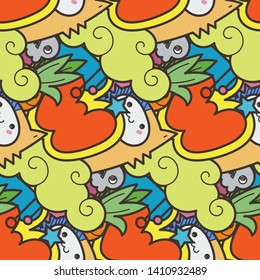 Seamless vector pattern with cute cartoon monsters and beasts. Nice for packaging, wrapping paper, coloring pages, wallpaper, fabric, fashion, home decor, prints etc. Vector illustration