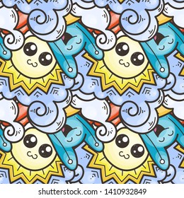 Seamless vector pattern with cute cartoon monsters and beasts. Nice for packaging, wrapping paper, coloring pages, wallpaper, fabric, fashion, home decor, prints etc. Vector illustration