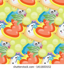 Seamless vector pattern with cute cartoon monsters and beasts. Nice for packaging, wrapping paper, coloring pages, wallpaper, fabric, fashion, home decor, prints etc. Vector illustration