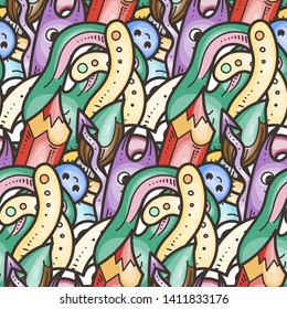 Seamless vector pattern with cute cartoon monsters and beasts. Nice for packaging, wrapping paper, coloring pages, wallpaper, fabric, fashion, home decor, prints etc. Vector illustration