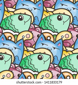 Seamless vector pattern with cute cartoon monsters and beasts. Nice for packaging, wrapping paper, coloring pages, wallpaper, fabric, fashion, home decor, prints etc. Vector illustration