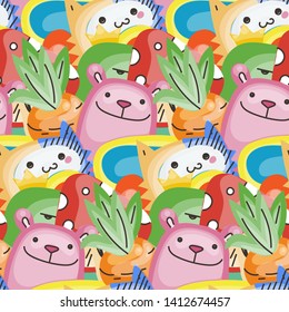 Seamless vector pattern with cute cartoon monsters and beasts. Nice for packaging, wrapping paper, coloring pages, wallpaper, fabric, fashion, home decor, prints etc. Vector illustration