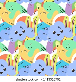Seamless vector pattern with cute cartoon monsters and beasts. Nice for packaging, wrapping paper, coloring pages, wallpaper, fabric, fashion, home decor, prints etc. Vector illustration