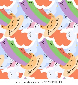 Seamless vector pattern with cute cartoon monsters and beasts. Nice for packaging, wrapping paper, coloring pages, wallpaper, fabric, fashion, home decor, prints etc. Vector illustration