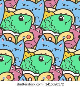 Seamless vector pattern with cute cartoon monsters and beasts. Nice for packaging, wrapping paper, coloring pages, wallpaper, fabric, fashion, home decor, prints etc. Vector illustration