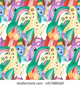 Seamless vector pattern with cute cartoon monsters and beasts. Nice for packaging, wrapping paper, coloring pages, wallpaper, fabric, fashion, home decor, prints etc. Vector illustration