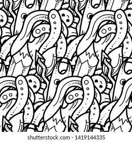 Seamless vector pattern with cute cartoon monsters and beasts. Nice for packaging, wrapping paper, coloring pages, wallpaper, fabric, fashion, home decor, prints etc. Vector illustration