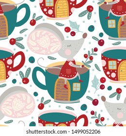 Seamless vector pattern with cute cartoon mouse with cup house in scandinavian style. Flat rat ornate illustration for New Year 2020.