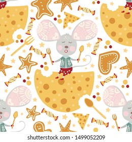 Seamless vector pattern with cute cartoon mouse with cheese in scandinavian style. Flat rat ornate illustration for new year 2020.