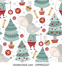 Seamless vector pattern with cute cartoon mouse with Christmas decorations and fir trees in scandinavian style. Flat rat ornate illustration for New Year 2020.
