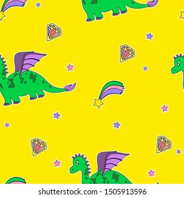 Seamless vector pattern of cute cartoon dragons and stars, texture for fabric print, souvenirs, baby's products design. Baby background.Dinosaur seamless pattern. Cartoon cute baby dino funny monsters