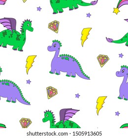 Seamless vector pattern of cute cartoon dragons and stars, texture for fabric print, souvenirs, baby's products design. Baby background.Dinosaur seamless pattern. Cartoon cute baby dino funny monsters