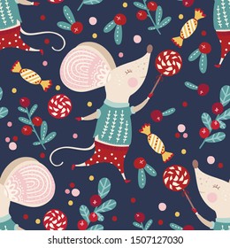 Seamless vector pattern with cute cartoon mouse in scandinavian style. Flat rat ornate illustration for New Year 2020.