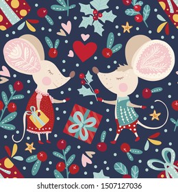 Seamless vector pattern with cute cartoon mice in scandinavian style. Flat rat mouse couple in love. Ornate illustration for New Year 2020.