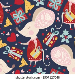 Seamless vector pattern with cute cartoon dreaming mouse with holly berry and gift in scandinavian style. Flat rat ornate illustration for New Year 2020.