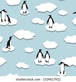 Seamless vector pattern with cute cartoon penguins on ice.