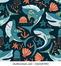 Seamless vector pattern with cute cartoon funny shark fish in a scandinavian flat style. Color kid ornate underwater fabric graphic illustration. Baby shark Doo Doo Doo.