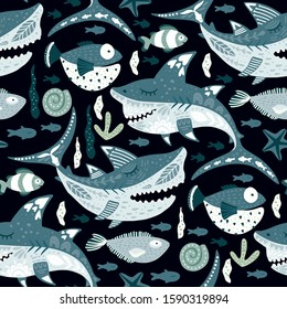 Seamless vector pattern with cute cartoon funny shark fish in a flat style. Vintage kid underwater fabric graphic illustration. Baby shark Doo Doo Doo.