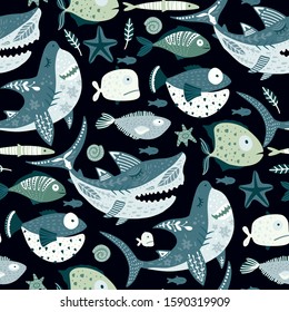 Seamless vector pattern with cute cartoon funny shark fish in a flat style. Vintage kid underwater fabric graphic illustration. Baby shark Doo Doo Doo.