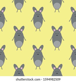 Seamless vector pattern with cute cartoon mouse on yellow background. Stock vector illustration.