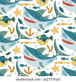Seamless vector pattern with cute cartoon funny shark fish in a flat scandinavian style. Kid underwater fabric graphic illustration on a white background