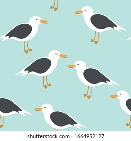 Seamless vector pattern of cute cartoon seagulls on light blue background.