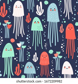 Seamless vector pattern with cute cartoon jellyfishes. Marine background.
