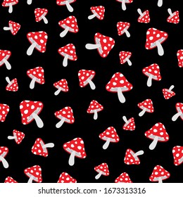 Seamless vector pattern with cute cartoon forest mushrooms fly agaric on a black background. Creative design for printing on fabric, Wallpaper and scrapbooking.