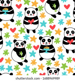 Seamless vector pattern with cute cartoon pandas.