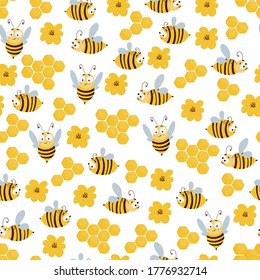 Seamless vector pattern with cute cartoon flying bees, honeycomb anf flowers. Illustration for print, product, fabric design