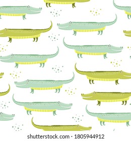Seamless vector pattern with cute cartoon crocodile.