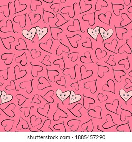Seamless vector pattern with cute cartoon smiling hearts on pink background. Pretty design for wedding or love card, fabric print, wrapping paper, wallpaper, cover.