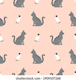 Seamless vector pattern with cute cartoon cats and mice.