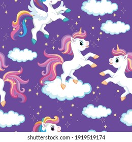 Seamless vector pattern with cute cartoon character unicorn with clouds and sparkle. Colorful illustration isolated on purple background. For print, t-shirt, design, wallpaper,decor,textile, packagin