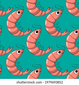 Seamless vector pattern with cute cartoon shrimp