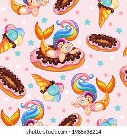 Seamless vector pattern with cute cartoon mermaid and inflatable circle in shape of unicorn. Colorful illustration vector background. Sea holidays concept. For print, design, wallpaper, decor, textile