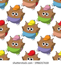 Seamless vector pattern with cute cartoon owl in sports form